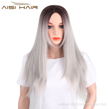 Aisi Hair Wholesale Ombre Grey Wigs For Black Women Synthetic Long Silky Straight Hair Wig Heat Resistant Fiber
